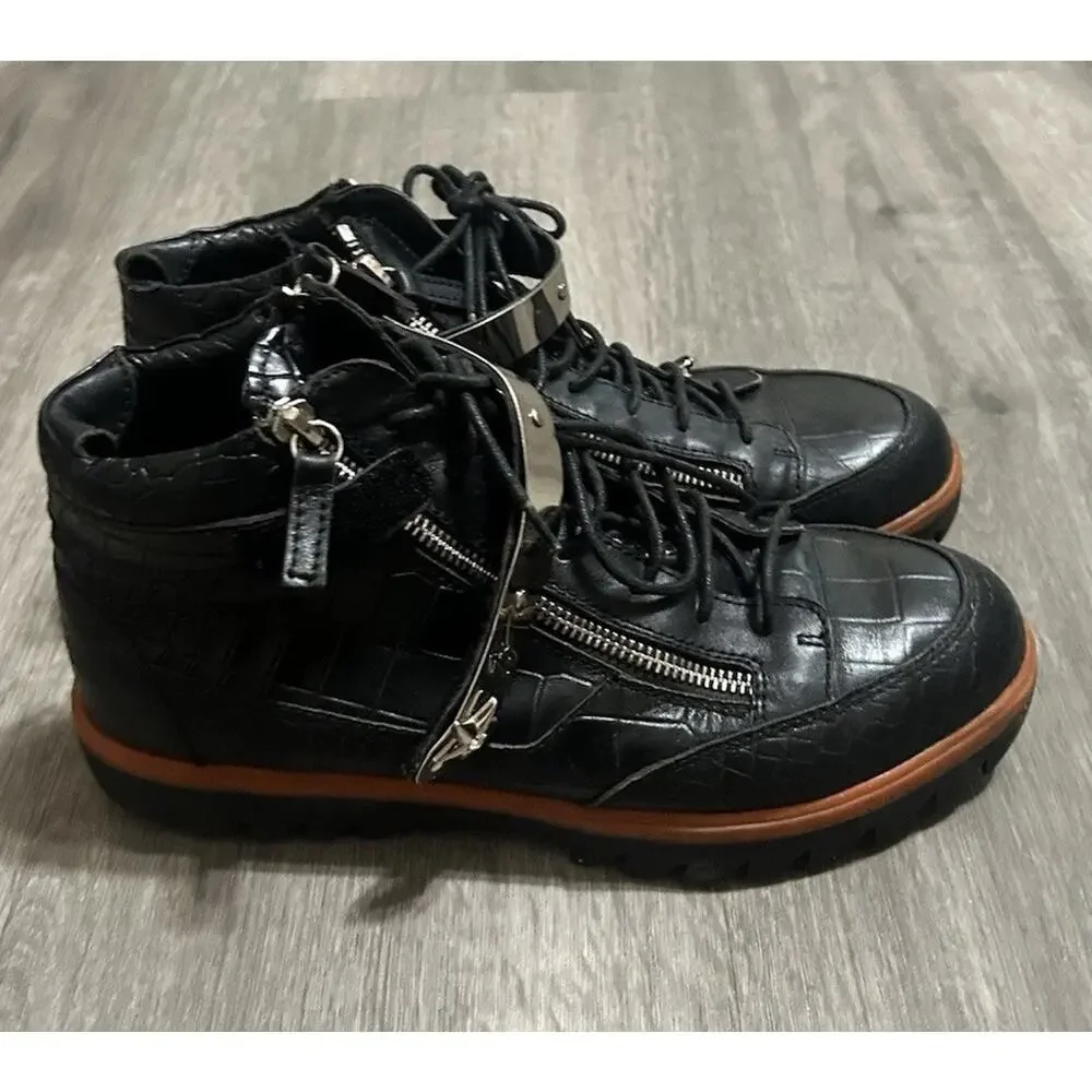 Giuseppe Zanotti Black Croc Embossed Leather High Top Sneakers Double Zip EU 39